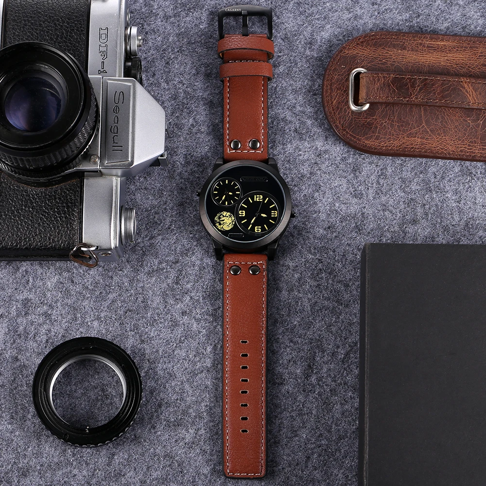 drop shipping cool big case men watches leather strap dual time zones sport mens quartz watch male clock dz style brave for men high quality (2)