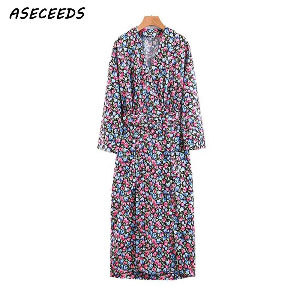 

Sundress 2019 vintage Floral split midi dress women sexy V neck sashes long sleeve boho dress korean style summer dress vestidos
