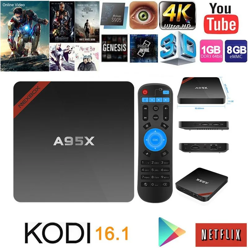 S905 A95X NEXBOX Smart TV Box Android 5.1 Amlogic Quad-Core 64 бит XBMC 4 К 1 Г/8 Г Мини-ПК Wi-Fi LAN DLNA Miracast HD Media Player |