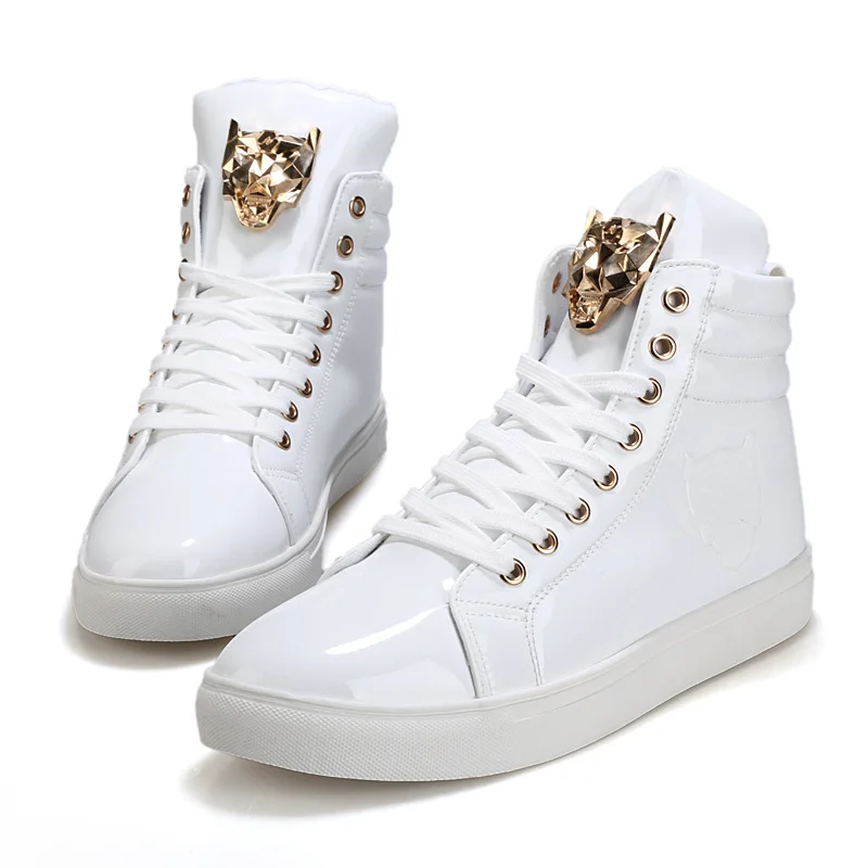 New Fashion High Top Casual Shoes For Men PU Leather Lace Up Red White Black Color Mens Casual Shoes Men High Top Shoes