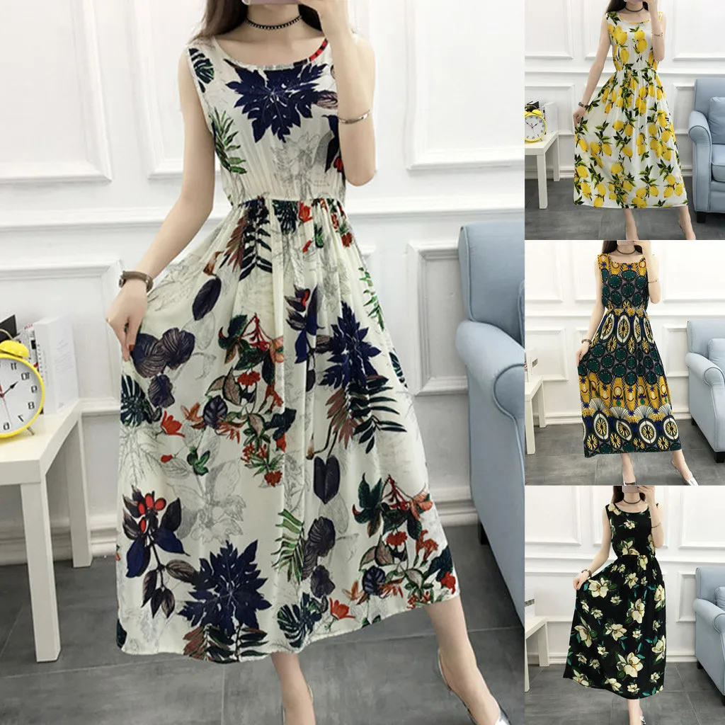 

Floral Print Ladies Summer Dress O-Neck Sleeveless Boho Vacation Casual Beach Streetwear Pure and fresh Long Dress Sundress 2019