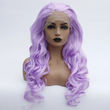 

Violet Long Loose Wavy Lace Front Wig Synthetic Hair Light Purple Glueless Body Wave Wig for Women Lavender Heat Resistant Fiber