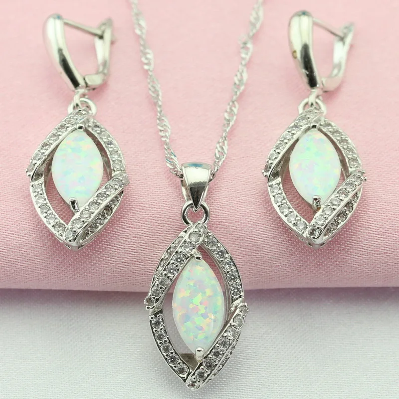 

WPAITKYS White Australia Opal White Stone Silver Color Romantic Jewelry Sets For Women Drop Earrings Pendant Necklace Free Box