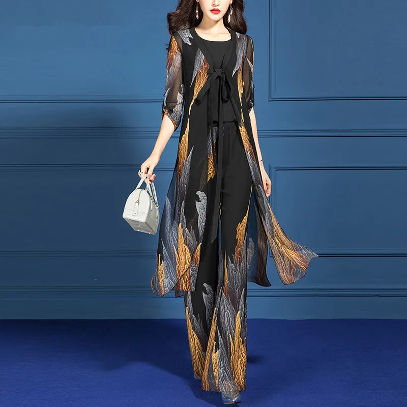 Chiffon Print 3 Piece Set Women Summer Suit Year-old Female Costume Office Lady Ensemble Femme Deux Pieces Conjunto Feminino |