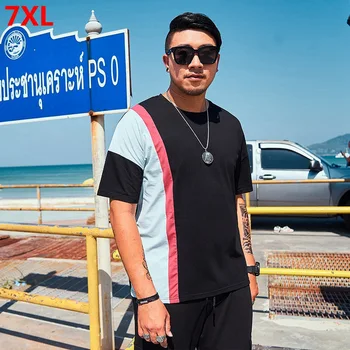 

Large size men's elastic stretch shirt big man oversized stitching color round neck short-sleeved T-shirt 7XL 6XL 5XL