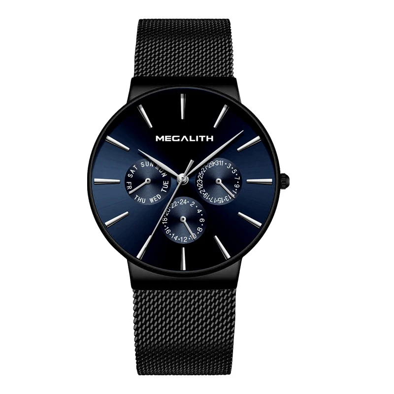 Модные часы MEGALITH, мужские спортивные водонепроницаемые часы с хронографом, тонкие сетчатые стальные повседневные мужские кварцевые часы, мужские часы - Цвет: black blue-6
