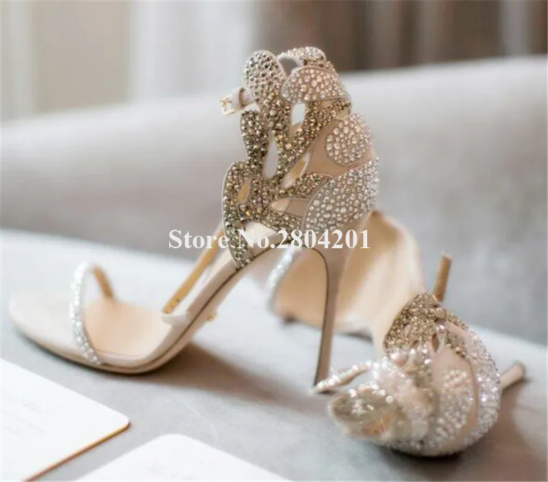 

Women Luxurious Fashion Open Toe Beige Suede Rhinestone Stiletto Heel Sandals Bling Crystal High Heels Wedding Dress Shoes