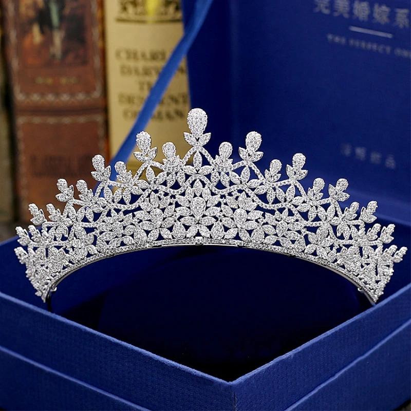 

Full Cubic Zircon Tiara Flower Zirconia Crown Princess CZ Diadema Bridal Coroa Wedding Hair Accessories Bijoux Cheveux WIGO1344