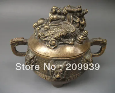 

00786 Chinese Bronze Incense Burner&Lid w Dragon statue