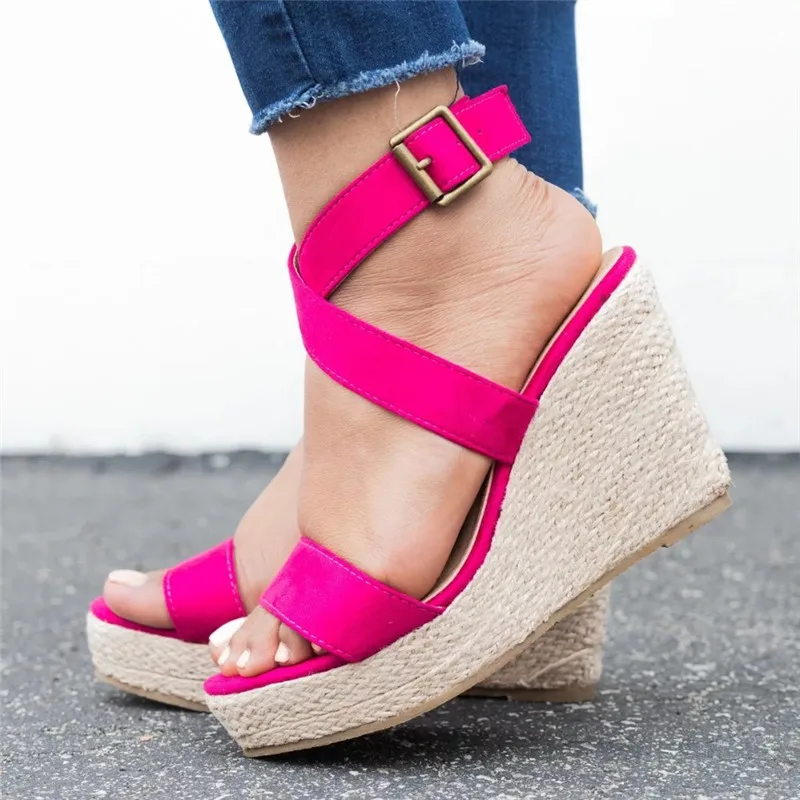 Leopard Wedge Sandals Summer Peep Toe Flock Buckle Strap Women Platform Espadrilles Sandal Plus Size 43 High Heels Shoes Female  (2)