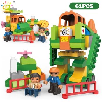 

HUIQIBAO 61pcs City Rescue Car Transformable Mecha Big Size DIY Building Blocks Duploe City Town Robot Toys For Children