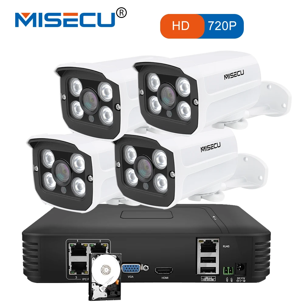 Misecu H.264 ip Камера 4CH 1080 P POE NVR комплект 2 1.0MP 13 В P2P 1280 * 720P системы видеонаблюдения