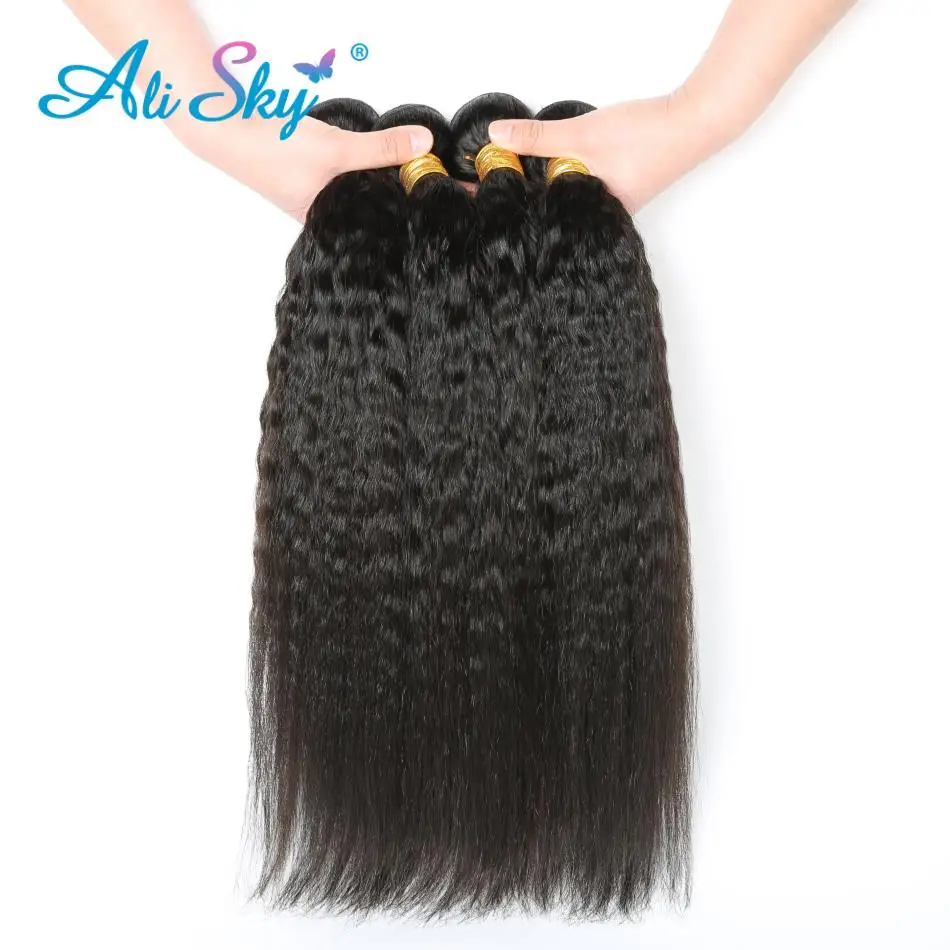 Ali Sky Kinky Straight 4 Bundles With lace Frontal Closure Peruvian Hair Bundles with 13x4 Ear To Ear Lace Frontal Non-Remy Hair