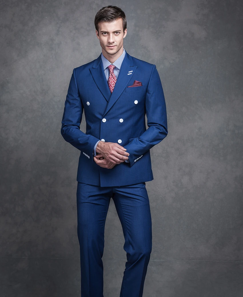 Elegant Royal Blue Men Suits 2018 Handmade Peak Lapel Double Breasted