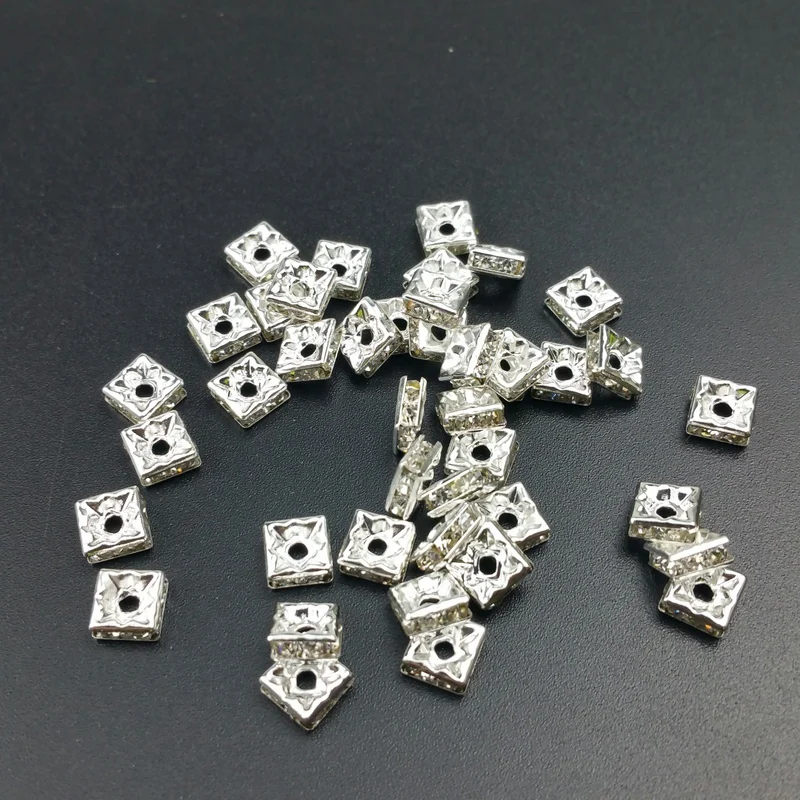 100pcs/lot 6mm Silver Metal Square Rhinestone Crystal Spacer Bars Beads