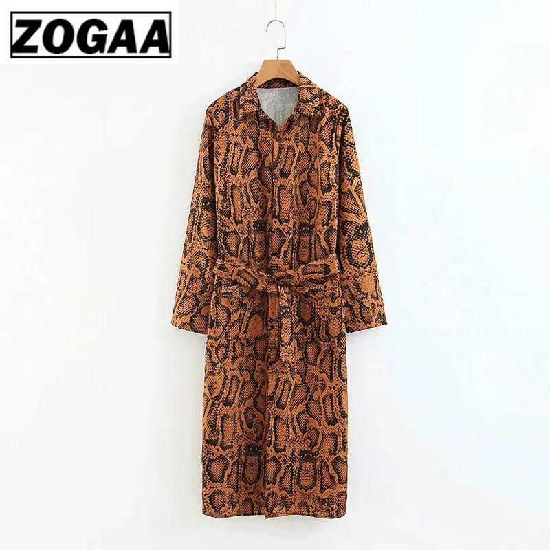 

ZOGGA Women Vintage Snake Print Midi Dresses for Lady Bohemian High Waist Belt Dress Mid-long Autumn-Winter Party Boho Vestidos
