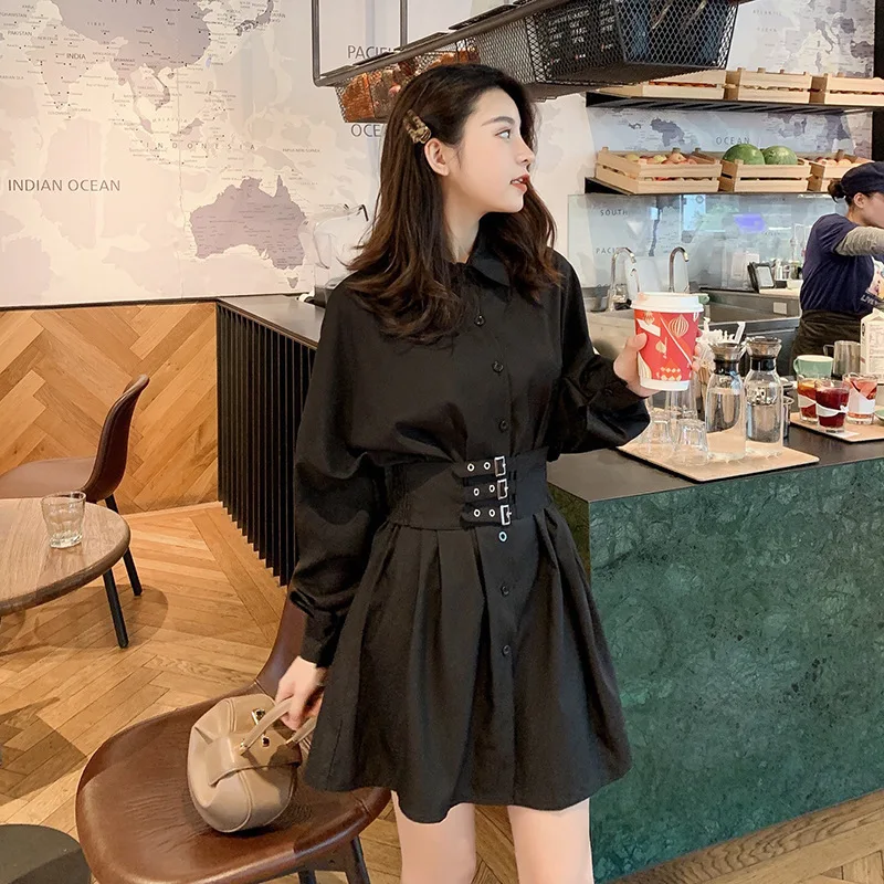 

Elastic High Waist Buckle Belt Sashes Gothic Fashion Sexy Chiffon Black White Dress Women Ladies Elegant Shirt/Blouse/Top Spring