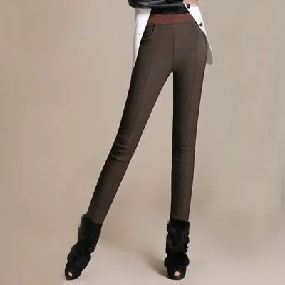 Зимние теплые плотные Стрейчевые Леггинсы для женщин с высокой талией, женские узкие брюки с карманами, черные брюки, большие размеры, женские брюки - Цвет: coffee