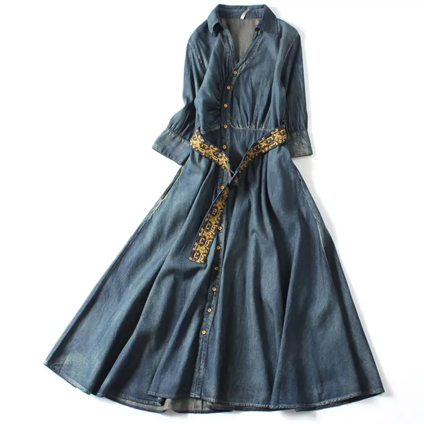 

2019 Spring Autumn Vintage Denim Dress Women hlaf sleeve Slim Jeans Dresses Fashion v-neck Dress with Belt