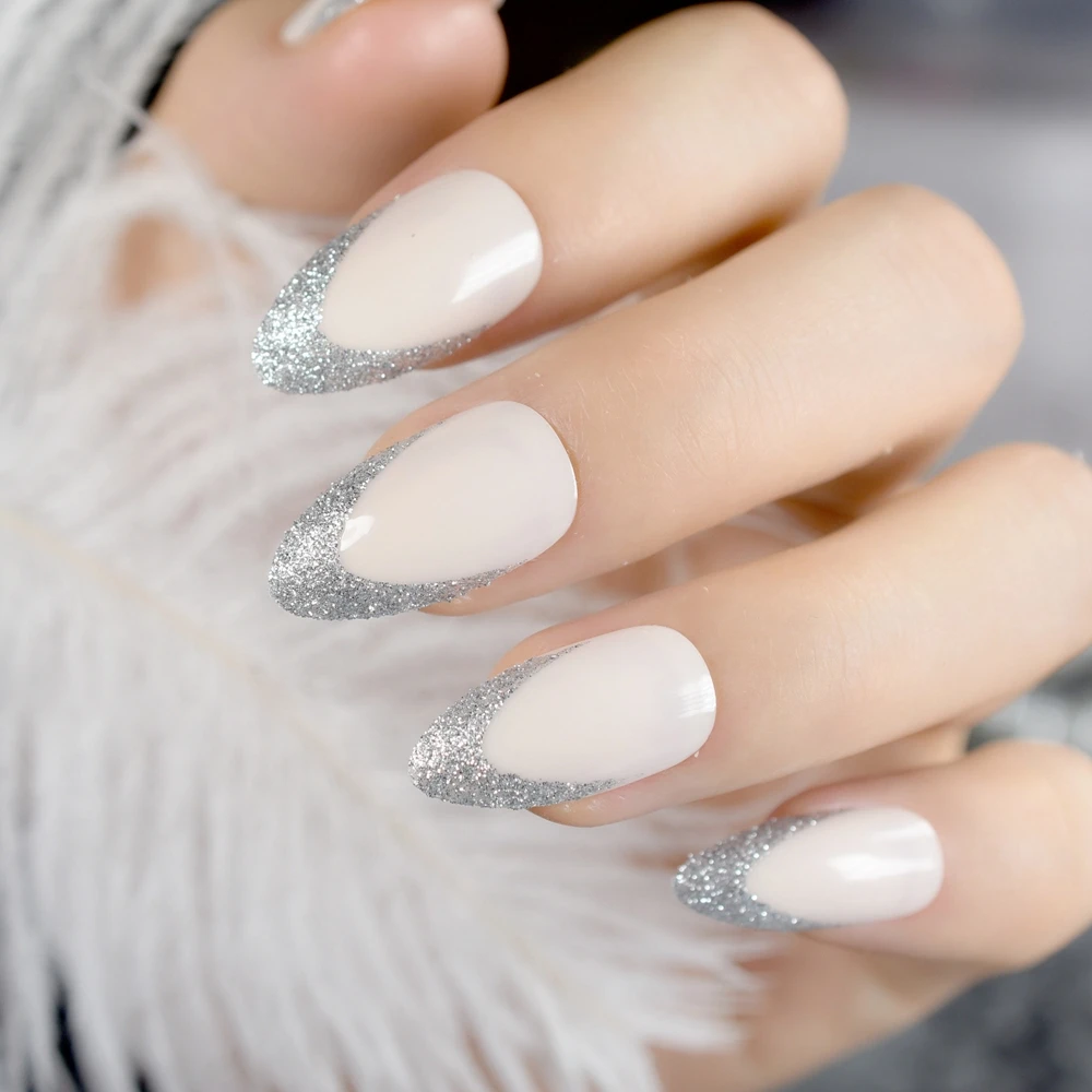 French Manicure Acrylic Nails With Glitter