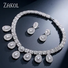ZAKOL Luxurious Geometric Top Quality CZ Diamond White 18K Gold Plated Women Necklace and Earrings Set