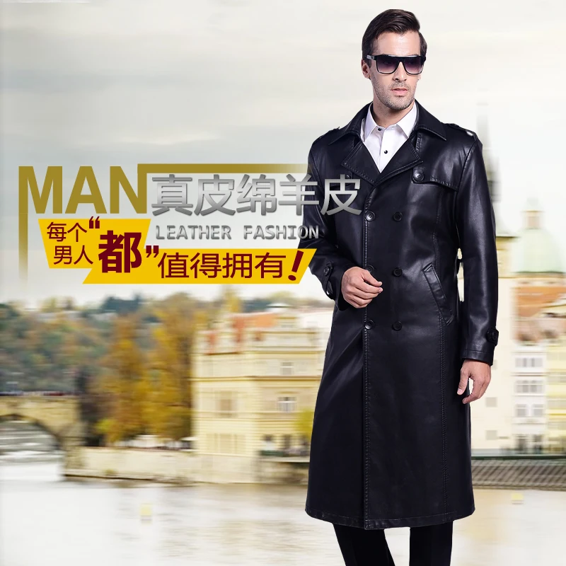 

M- 4XL!! Winter new men's men's long suit collar leather coat for men's double breasted leather trench coat