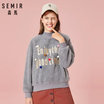 

SEMIR Women Embroidered Fleece Sweatshirt with Pom Pom Ribbed Mock-Turtleneck Sweatshirt Dropped Shoulder Ribbing Cuff and Hem