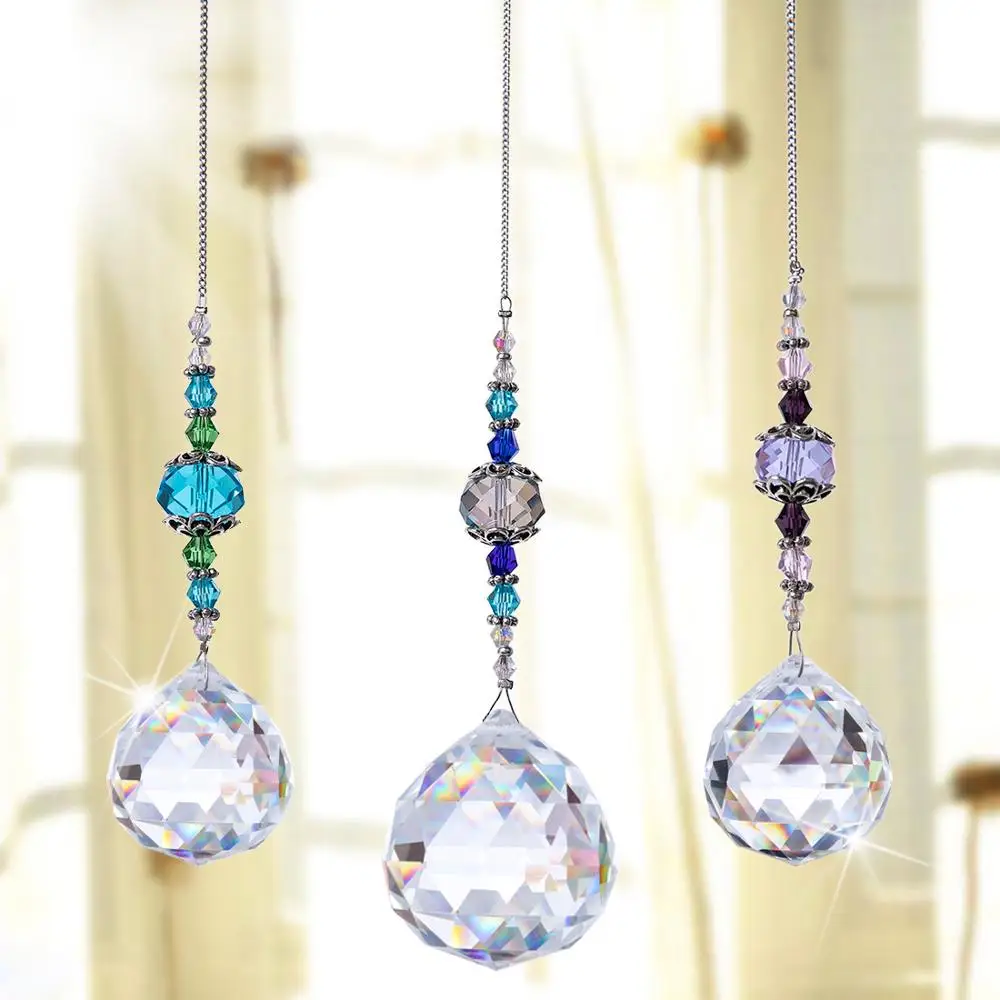 H&D Pack of 3,Clear Crystal Prism Ball Rainbow Maker Window Prisms Suncatcher Crystal Pendants for Home,Office,Garden Decoration