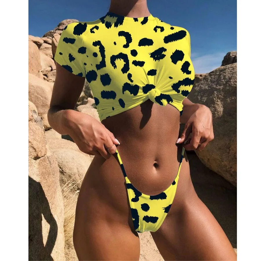

Biquinis Feminino 2018 Sexy Leopard Bikinis Women Swimwear Brazilian Short Sleeves Yellow Swimsuits Women Bathing Suits High Cut
