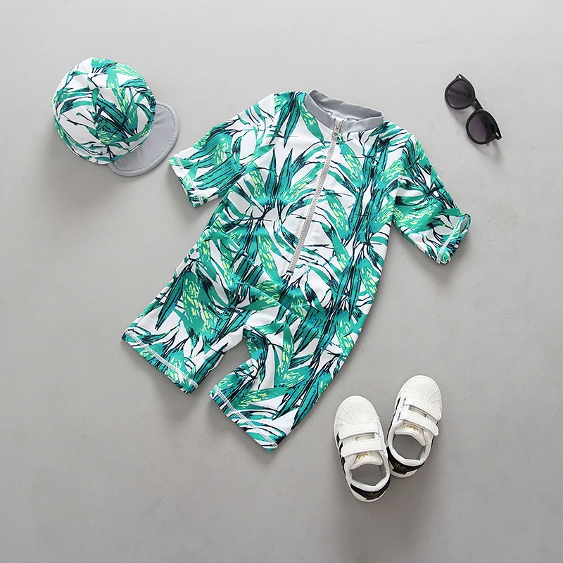 

UPF50+ Toddler Boys Swimwear Bathing Suit Ins Tree Leafs Print Kids Sports Beachwear One Piece Newborn Baby Swimsuit Rashguard