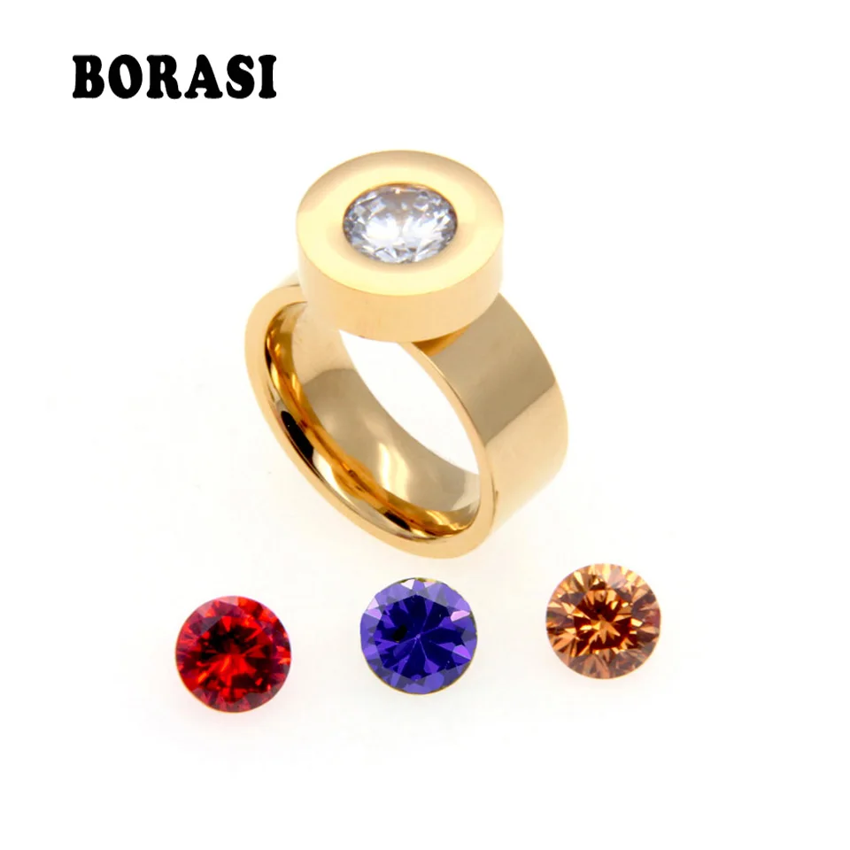 Wedding Rings New Trendy Gold 4 Color Zircon Crystal Round Stone Ring For Women Female 316L Stainless Steel Ring Male Brand Wedding Jewelry