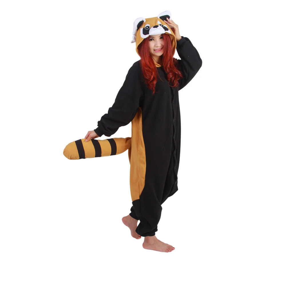 Флис Животное енот Кигуруми для взрослая Пижама Для женщин Onesie Зима пижамы Для мужчин Ночной костюм Хэллоуин Ночная сорочка Косплэй