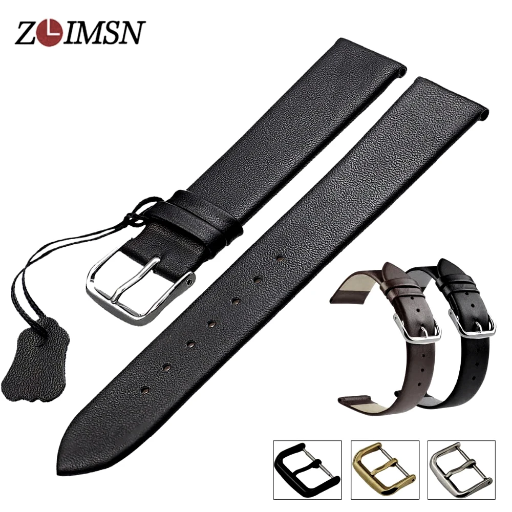 

100% Genuine Solid Leather Black Brown Watchbands Smooth Thin Watch Band Strap Pin Buckle 18 20 22mm Belt Metal Buckles