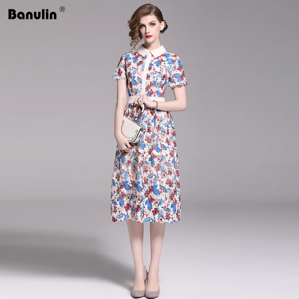 

Banulin 2019 Fashion Runway Casual Summer Dress Women's Short Sleeve Pink Mesh holiday Party Elegant Lace Dress Vestido B6375