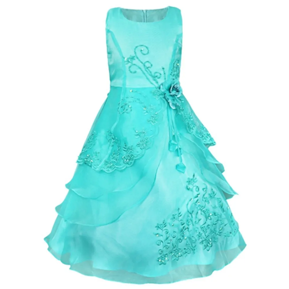 Новое платье для девочек с обручем внутри, с цветочной вышивкой, вечерние платья подружки невесты на свадьбу, платья принцессы, официальная детская одежда - Цвет: Turquoise