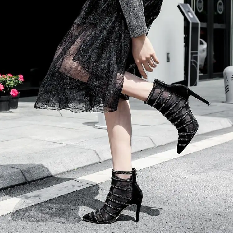 

Luxury Crystal Embellishments Striped Brown Black Mesh Upper Ankle Boots For Women Pointed Toe High Heels Botas Mujer Brand New