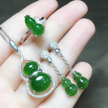 

S925 silver inlaid hetian jade jasper gourd set