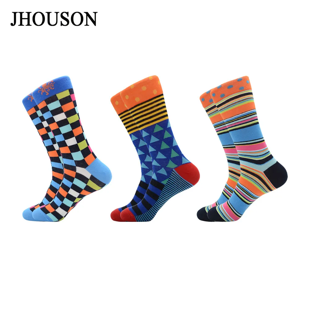 

Jhouson 3 Pairs/lot Men's Combed Cotton Colorful Funny Socks Geometric Fruit Animal Van Gogh Starry Sky Pattern Wedding Socks