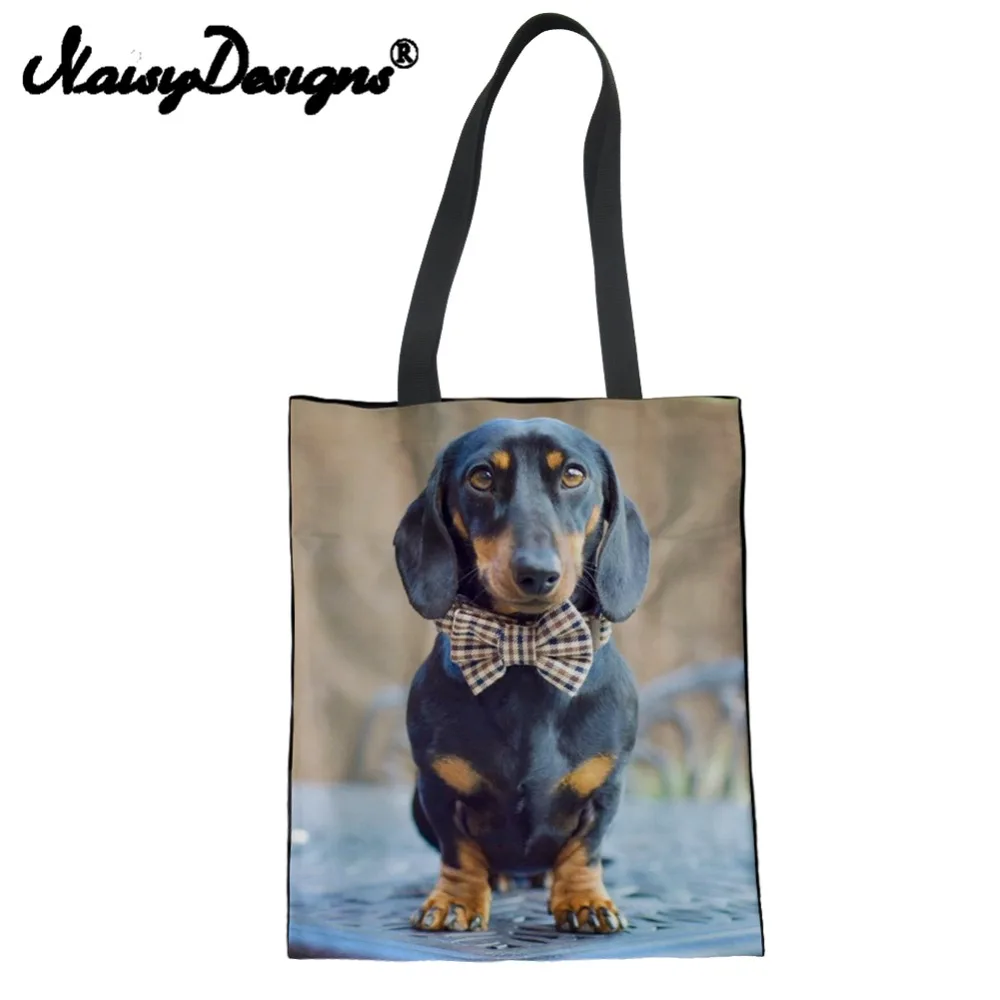 

Large Black Canvas Tote Dachshund Dog Printed Women Shopping Bag Travel Shoulder Bag Foldable Grocery Pack Handbag Girl Backpack