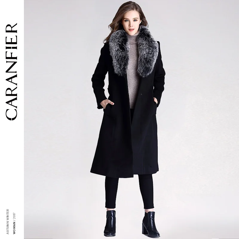 CARANFIER 2017 полушерстяные зимние женские пальто теплый воротник тонкий пояс черный