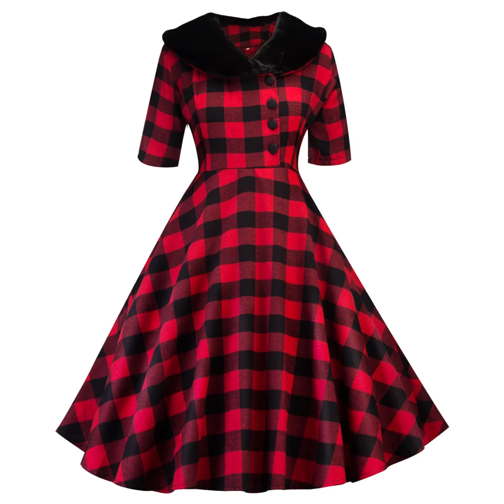 

Joineles Autumn Winter Warm Fur Collar Plaid Print Women Vintage Dress Elegant Style Party Retro Dress Audrey Hepburn Vestidos