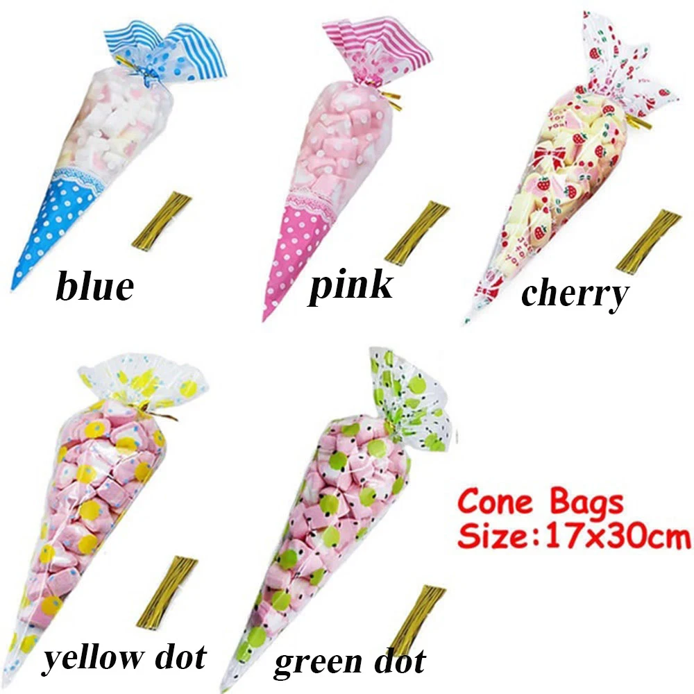 Wrapping Gift Clear Popcorn Cone Bag Cellophane Triangle Package Twist Ties