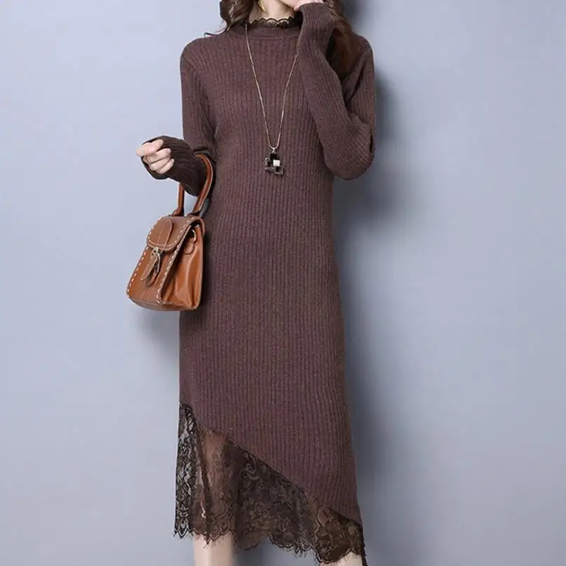 

new Long sweater dress lace stretch female autumn winter long sleeves dress
