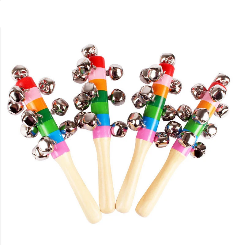 1Pc Wooden Rainbow Hand Shake Bell Rattles Baby Kids Children