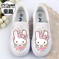 Новый детский мультфильм ручная роспись принтами кролика девушки холст родители маленьких белый Обувь для девочек Обувь для младенцев