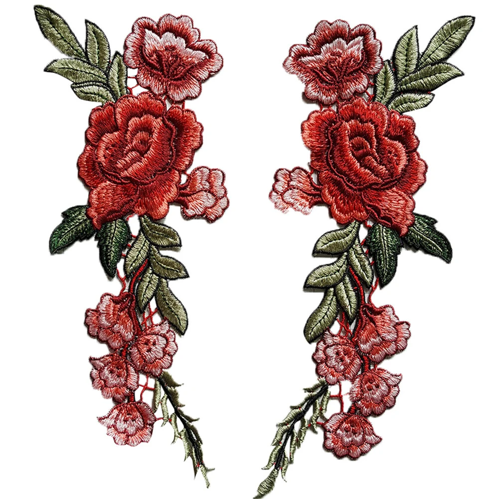 2Pcs//Set Embroidery Red Rose Flower Sew Iron Badge Clothes Fabric Applique New