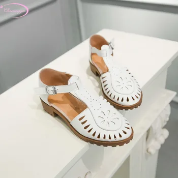 

Casual style round head summer sandals fashion belt buckle hollow out black white beige low heel thick women shoes big size