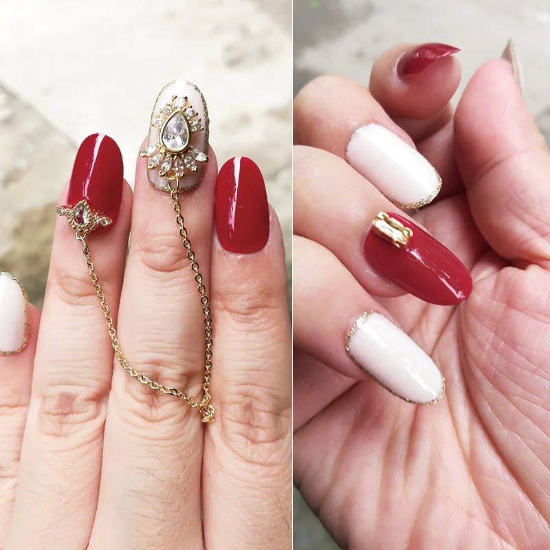 

Vine red Zircon chain fake nails lovely large crystal round press on nail tips free stickers