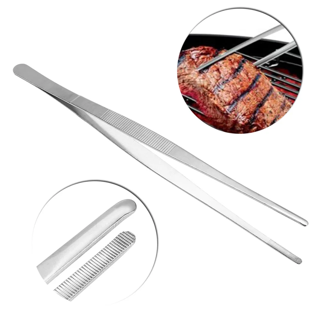 30cm Long stainless steel food tongs Silver Straight Tweezer Barbecue Tong Non-stick Kitchen Tongs Cooking Tool