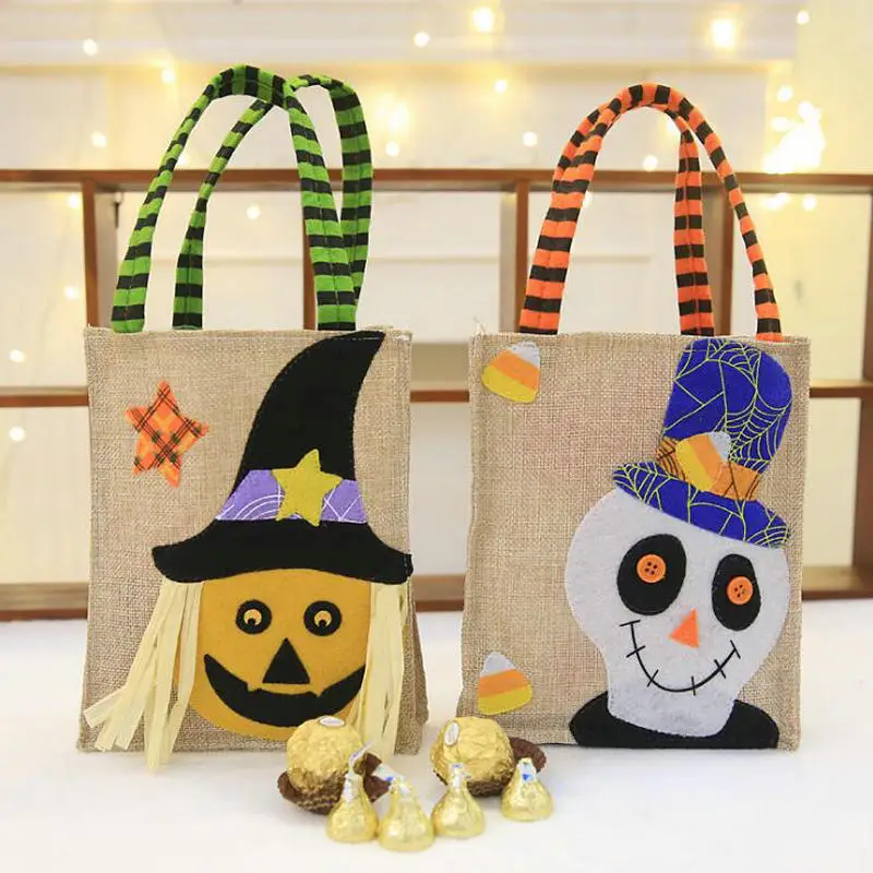 3Pcs Burlap Halloween Trick or Treat Candy Bags Gift Handle Pumpkin